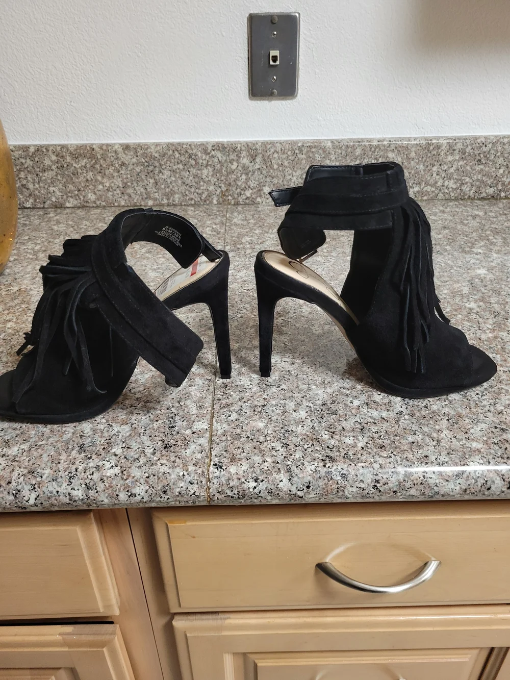 Jessica Simpson Black Suede Fringe Ankle-Strap Heels